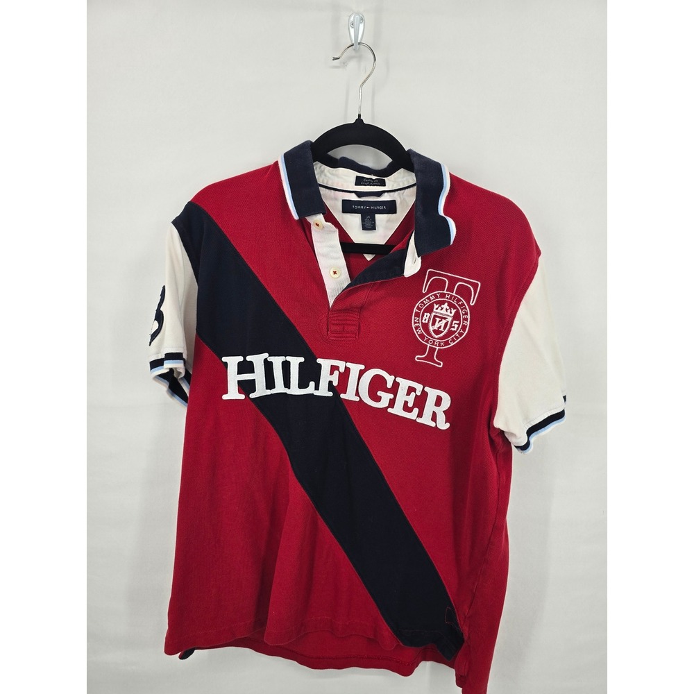 Tommy Hilfiger Mens Red Colorblock Custom Fit Polo Shirt Crest Logo Size L 8‎